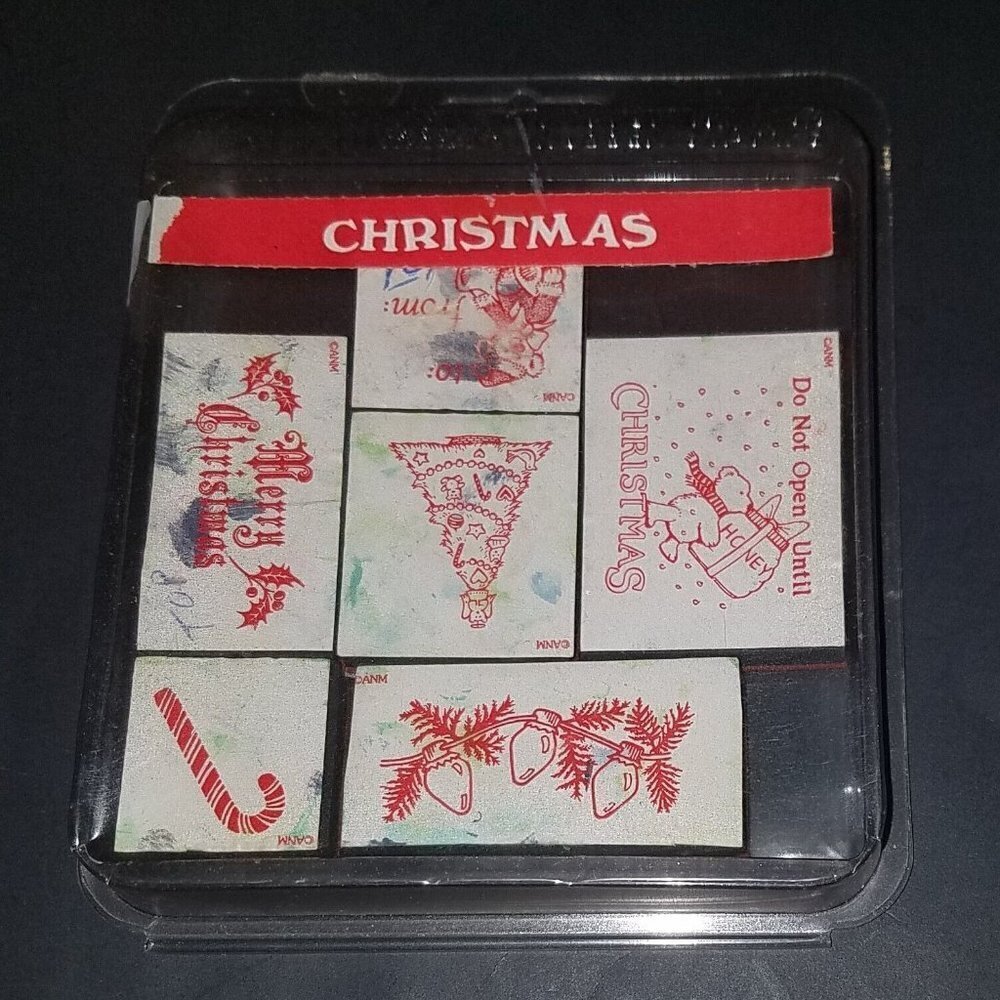 VTG 6 Merry Christmas All Night Media Rubber Stamp Set Lot Tree Lights Candy